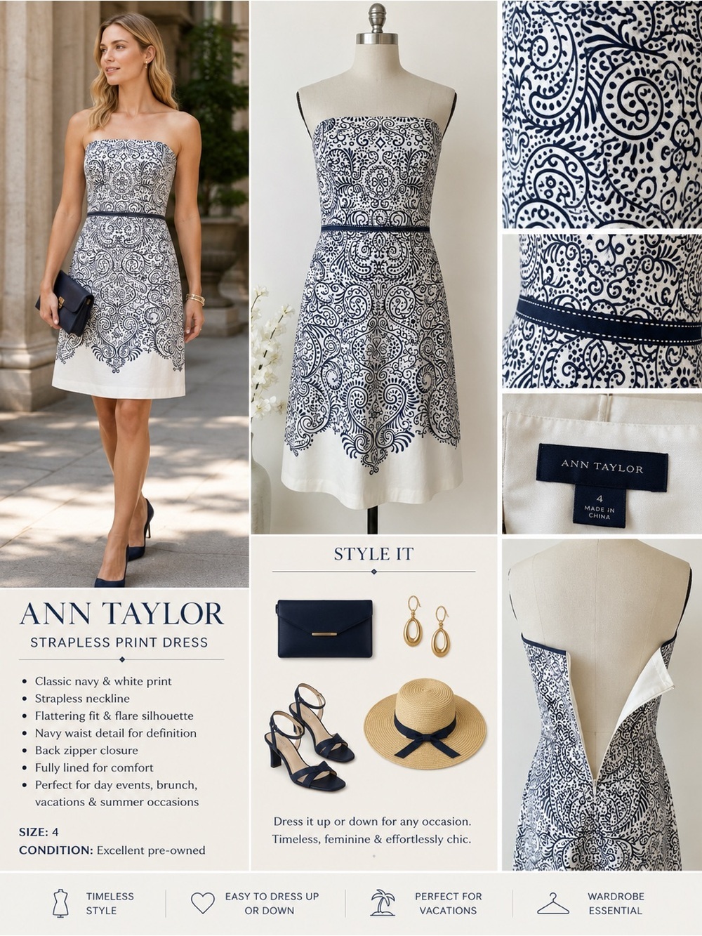 Ann Taylor Strapless Dress Black White Paisley Print Size 4 Summer Midi